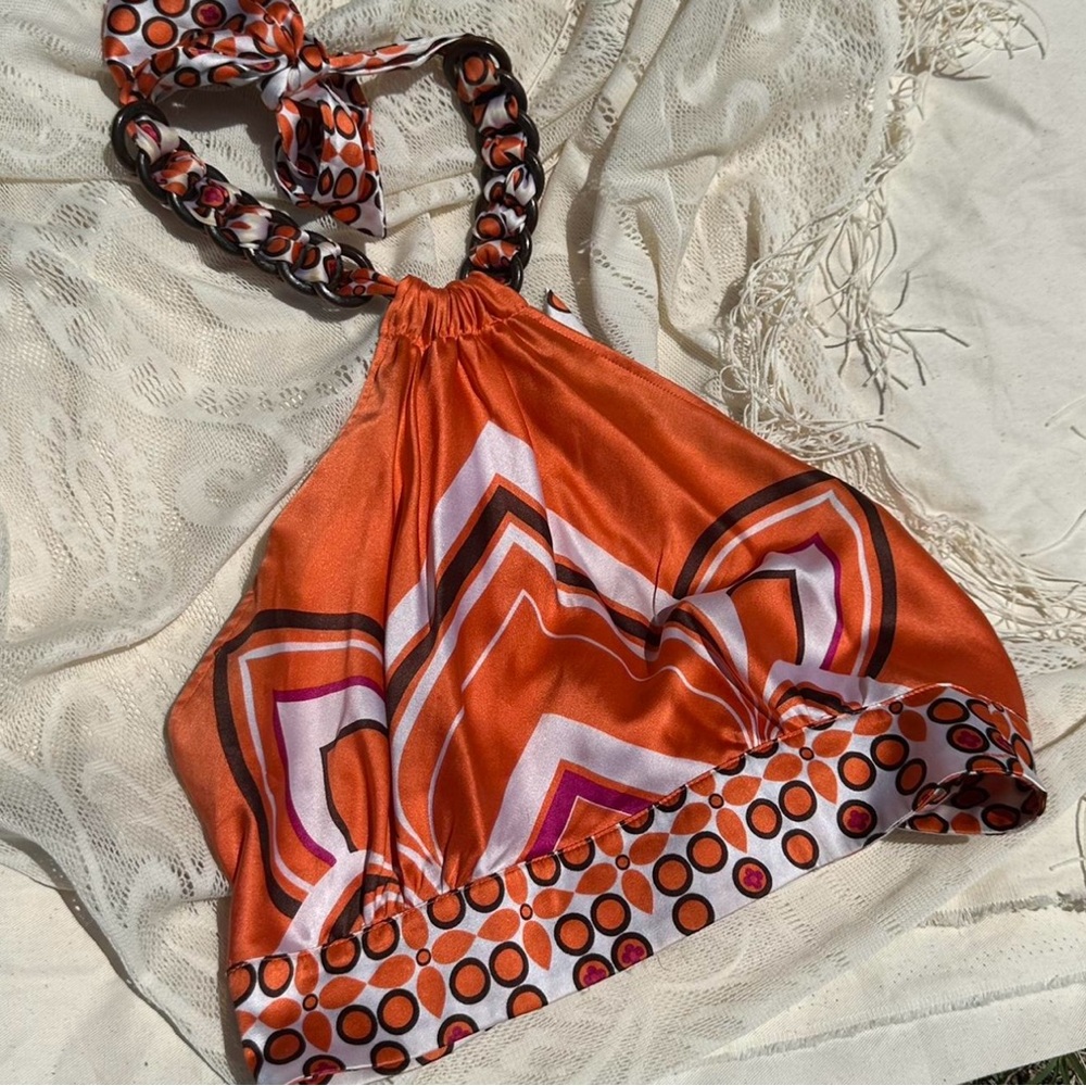 bebe Orange and White Geometric Tank Top